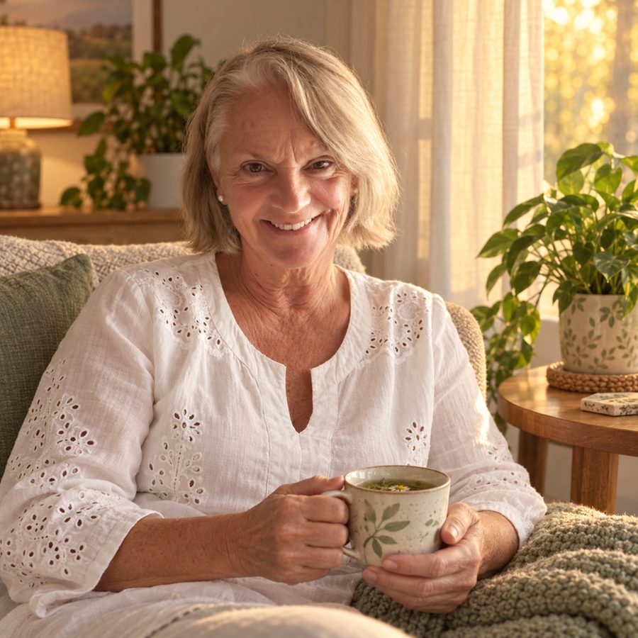 Dominique Philippe dans son salon, une tasse à la main