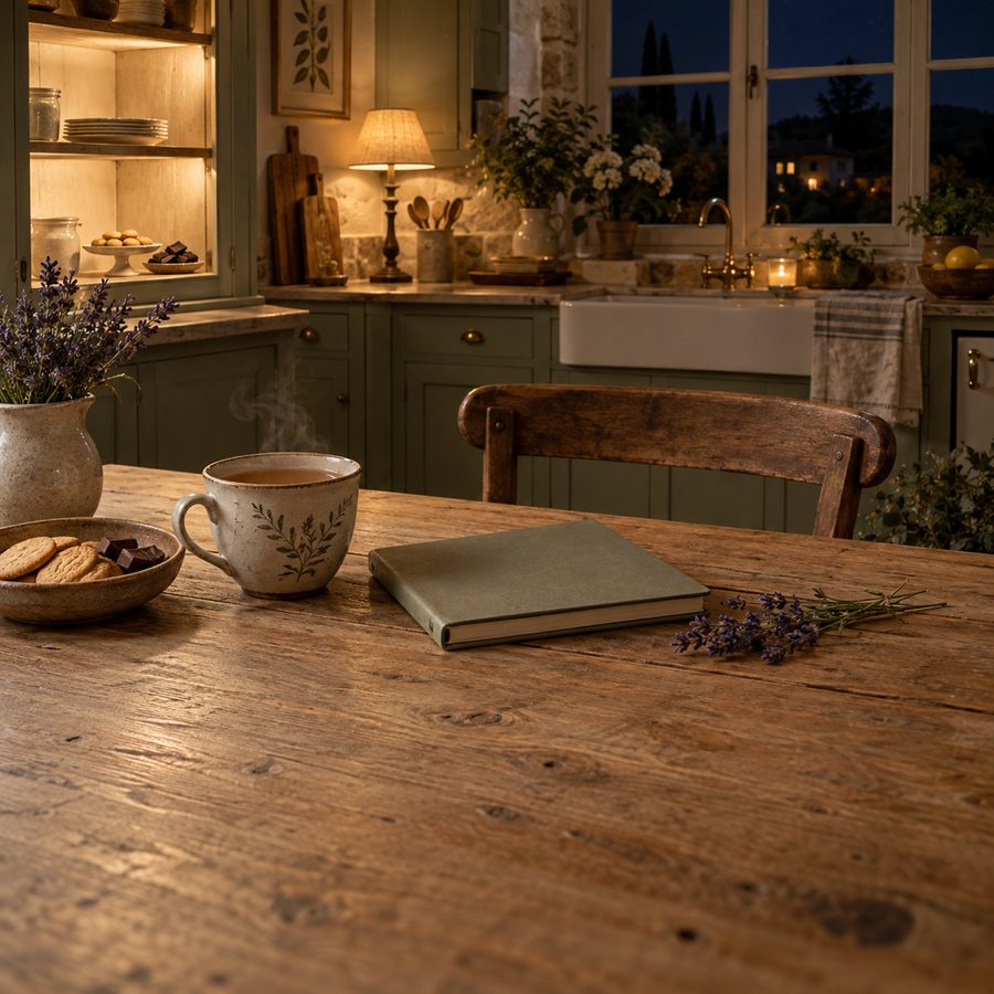 Une tasse de tisane et un carnet sur une table de cuisine, le soir