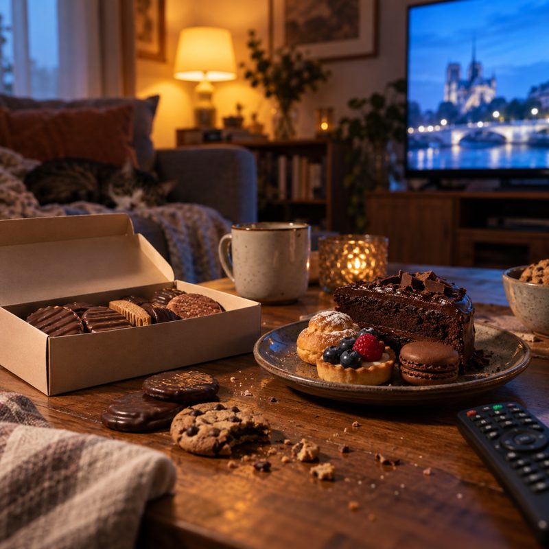 Le soir devant la télé : biscuits, gâteaux et pâtisseries sur la table basse