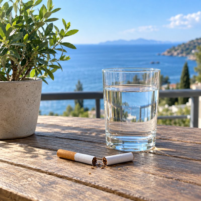 Une cigarette cassée en deux et un verre d'eau, face à la mer